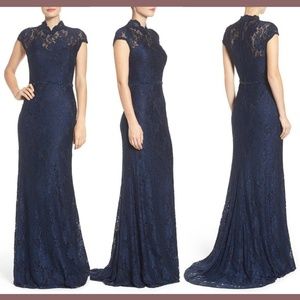 NEW La Femme‎ Blue Rhinestone Embellished Lace High Neck Gown [ SZ 16 ]